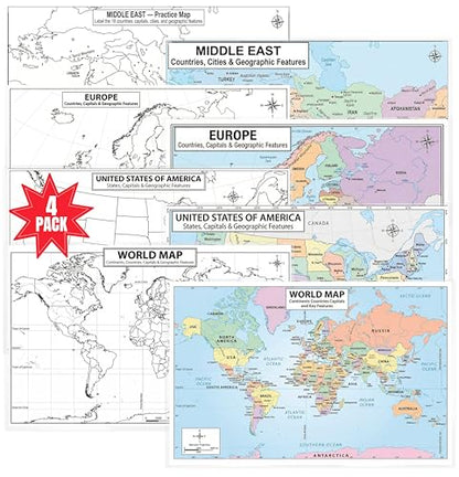 JELLY BEAN GENIUS World, USA, Europe & Middle East 4 Piece Map Poster Set – 11x17 Laminated Dry Erase Study Maps | Double-Sided Geography Maps with Blank Outline Back | Homeschool & Test Prep - color: 4 Piece Set; World, Europe, USA & Middle East Maps