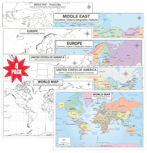 JELLY BEAN GENIUS World, USA, Europe & Middle East 4 Piece Map Poster Set – 11x17 Laminated Dry Erase Study Maps | Double-Sided Geography Maps with Blank Outline Back | Homeschool & Test Prep - color: 4 Piece Set; World, Europe, USA & Middle East Maps