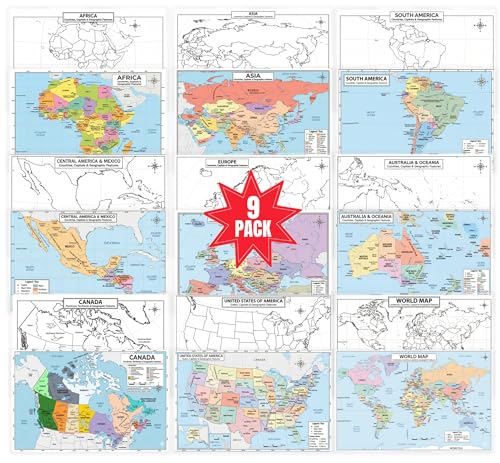 World Geography Map Set – 9-Pack Laminated 11x17 Dry Erase Study Maps | Double-Sided Classroom Learning Tools with Color Maps Front & Blank Outline Backs | Reusable Homeschool Practice, Test Prep & Memorization Aid - color: 9-Pack Bundle