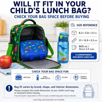 MISS BIG Kids Bento Lunch Box, Blue Dinosaur, Microwave Safe, 800ml - color: Blue Dinosaur
