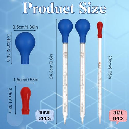 3 Pcs Glass Pipettes Dropper, 10ml & 3ml Graduated Liquid Dropper with Rubber Bulb for Laboratory, Medicine, Research (Blue & Red)
