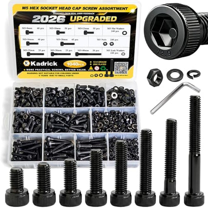 Kadrick M5 Screws Kit 1040PCS,M5x8mm-40mm Bolts with Nuts, Washers & Hex Wrench, Optimized Size Distribution, Class 12.9 Socket Head Cap M5 Screws, Black Zinc Plated, for Mechanical, Repair & DIY - size: M5 1040Pcs