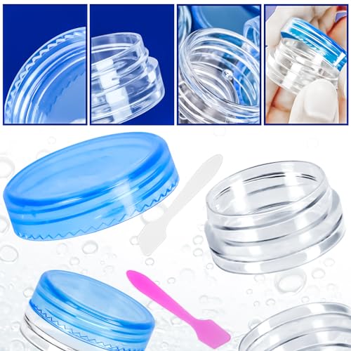 100 Pcs 3g Empty Plastic Containers with Lids,Tiny Makeup Sample Containers, Small Pot Jars Blue Round Cosmetic Jars with 20 Pcs Mini Spatulas for Liquid Sample Powder Creams (Blue Lid) - color: Blue, size: 100PCS