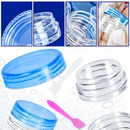 100 Pcs 3g Empty Plastic Containers with Lids,Tiny Makeup Sample Containers, Small Pot Jars Blue Round Cosmetic Jars with 20 Pcs Mini Spatulas for Liquid Sample Powder Creams (Blue Lid) - color: Blue, size: 100PCS