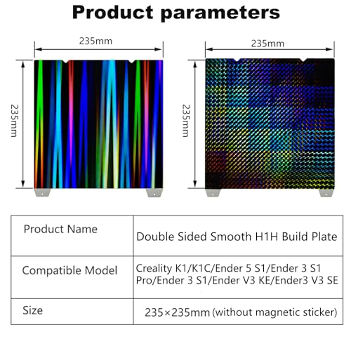H1H 3D Printer Platform K1 K1C Sheet 235x235m,Smooth H1H Build Plate Spring Steel Print Bed (no Magnetic Base) for Creality K1/K1C/Ender 5 S1/Ender 3 S1 Pro/Ender 3 S1/Ender V3 KE/Ender3 V3 SE - color: Smooth H1H (Double Sided)