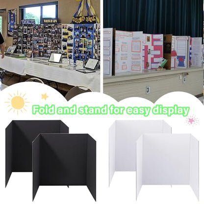 4-Pack Trifold Display Boards, Black+White 24 x 16 Inches Tri-Fold Corrugated Presentation Boards for Classroom Projects, Science Fairs, Business Events, and Exhibits
