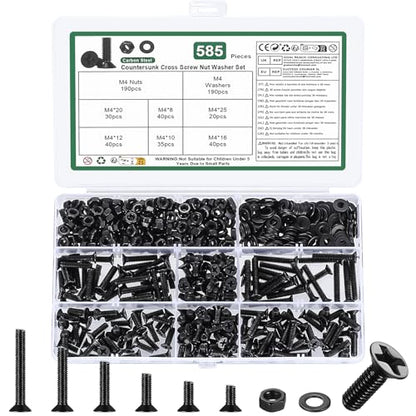 585 Pcs M4 Screws and Nuts Set, Countersunk Bolts and Nuts Assortment, Black Phillips Flat Head Machine Screws with Washers Set(M4 Screw Kit, Black) - size: M4 - 585