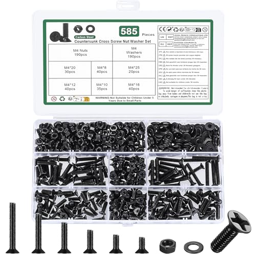 585 Pcs M4 Screws and Nuts Set, Countersunk Bolts and Nuts Assortment, Black Phillips Flat Head Machine Screws with Washers Set(M4 Screw Kit, Black) - size: M4 - 585