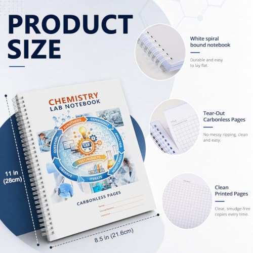 Carbonless Chemistry Lab Notebook, 50 Sets Duplicate Pages, 8.5 x 11 Inches