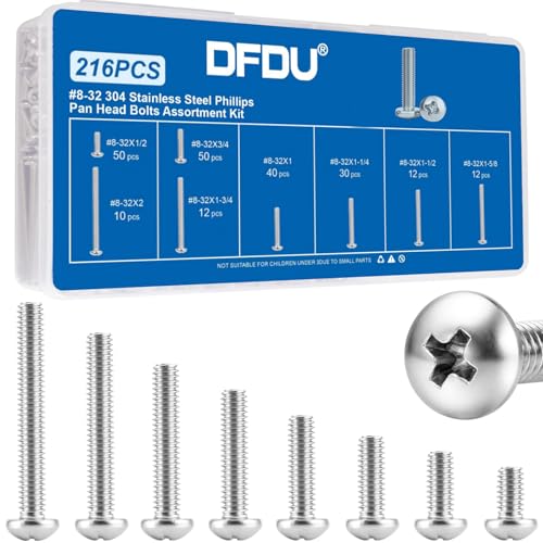 216PCS #8-32 Machine Screws Phillips Pan Head Bolts Nut Assortment Kit - size: SS #8-32 216PCS