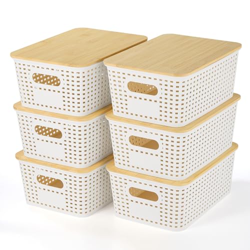 Ohmlove 6 Pack Plastic Storage Baskets with Bamboo Lids for Organization - color: Cream White