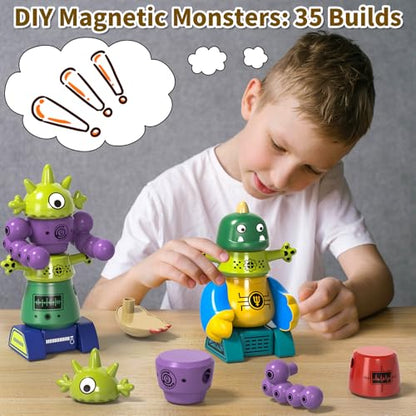 Magnetic Robot Toy for Kids 3-5, 35 PCS STEM Educational Playset with Storage Box, DIY Stacking Monster Robots, Kids Creative Alien Toys Gift for Boys Girls (Christmas Birthday) - color: Monster