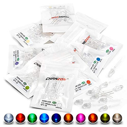 100pcs 5mm LED Diode Lights Assortment, an Emitting Lighting Bulb Lamp Kit, includes 10 Colors x 10pcs Diodes with Clear Transparent Lens