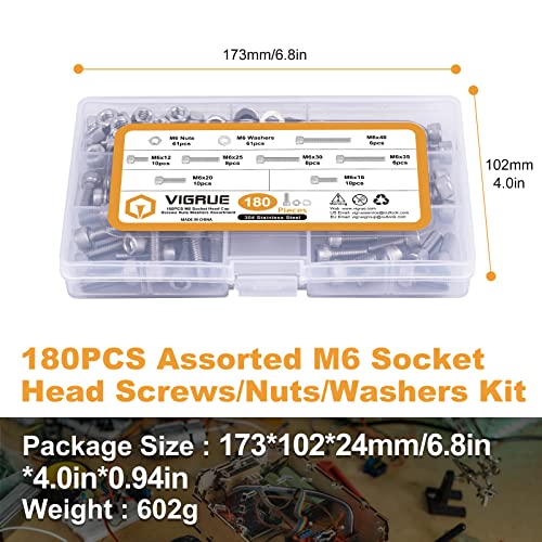 VIGRUE 180Pcs M6 Stainless Bolt Kit Socket Head Cap Screws Nuts Washers - size: m6 socket stainless 12-40mm