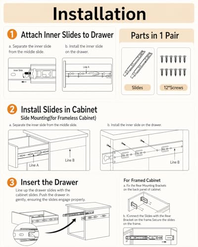 Gobrico Soft Close Drawer Slides 22 inch 5 Pair，Drawer Slides 3 Fold, Hardware Cabinet Drawer Slides Full Extension Drawer Glides, Heavy Duty Hydraulic Self Close Rails, Side Mount Ball Bearing - size: 22inch Drawer Slides