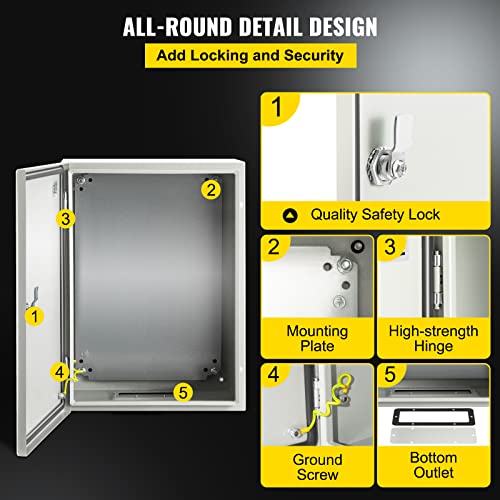 VEVOR Electrical Enclosure Box, 16'' ×12'' ×6'', Carbon Steel Hinged Junction Box, IP66 Waterproof & Dustproof, Outdoor Electrical Box, with Mounting Plate - size: 16 x 12 x 6