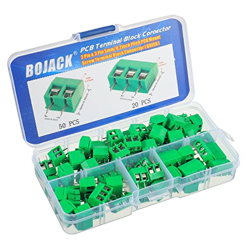 BOJACK Green 5MM 2-Pin & 3-Pin Pitch PCB Mount Screw Terminal Block Connector for Arduino and Home Electronics Projects (Pack of 70) - color: Green