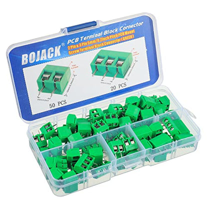 BOJACK Green 5MM 2-Pin & 3-Pin Pitch PCB Mount Screw Terminal Block Connector for Arduino and Home Electronics Projects (Pack of 70) - color: Green