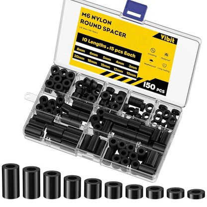 Vibit 150 Pcs M6 Nylon Spacers for Screws, ID 6 mm & OD 11 mm, 10 Lengths – 3 mm 4 mm 5 mm 6 mm 8 mm 10 mm 12 mm 15 mm 18 mm 20 mm, Non-Threaded Plastic Spacers Round Spacer for M6 Screws, Black - size: M6,150PCS