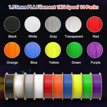 PLA Pro 3D Printer Filament 10 Packs, 1.75mm No Tangle, Each Spool Net Weight 1KG, in Total 10KG Bundles, Black+White+Grey+Clear+Blue+Green+Orange+Red+Yellow+Purple - color: 1kg-10 Colors