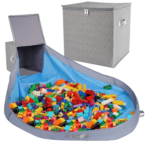 SAM AND MABEL Toy Storage Organizer with Detachable Play Mat – 13" x 13" x 13" Storage Box for Kids' Playroom, Stackable and Foldable Nursery Fabric Bin (Pebble Gray) - color: Pebble Gray