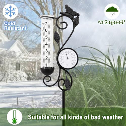 36.5in Butterfly Rain Gauge Thermometer Black Metal Garden Stake Decor - color: Black Butterfly