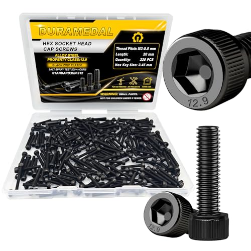 M3x20mm Screws 220pcs Hex Socket Cap 12.9 Steel Black Zinc Fully Thread - size: M3*20mm 220pcs