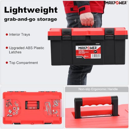 MAXPOWER 3-Pc Portable Plastic Tool Box Set 12" 16" 19", Lockable, Red - color: Red, size: 12" 16" 19"