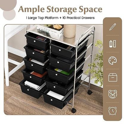 COSTWAY 10 Drawer Rolling Storage Cart, Utility Cart with Lockable Wheels - color: Black, size: 10 Drawer