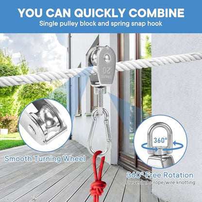 6X 304 Stainless Steel M20 Single Swivel Rope Pulley Blocks with Snap Hooks - size: M20-6pcs