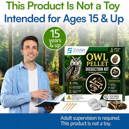 ES EVVIVA SCIENCES Owl Pellet Kit - Dissect 4 Real Owl Pellets w/Tools & PDF Bone Charts - Science Education Kit for Ages 15+ - Hands-On Animal Biology Science Lab Activity - Includes Owl eBook