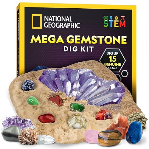 NATIONAL GEOGRAPHIC Mega Gemstone Dig Kit – Dig Up 15 Real Gemstones and Crystals, Science Kit for Kids, Gem Digging Kit, Gift for Girls and Boys, Mining Kit, Rock Collection - style: 15 Stunning Gems