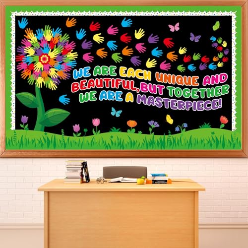 Spring Florals Bulletin Board Decorations Set Spring Tree Bulletin Board Classroom Decorations Handprint Flower Paper Cutouts March Bulletin Board Borders for School Chalkboard Door Supplies - style: Handprint Flowers