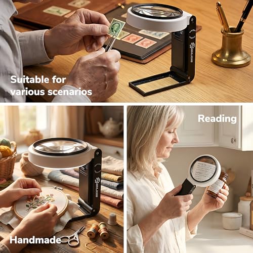 10X 25X Magnifying Glass with Light Stand, 32 LED Foldable Magnifier