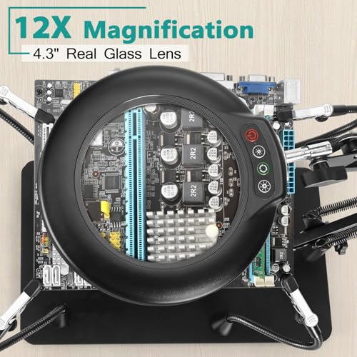 IVMAIE 12X Helping Hands Soldering Station, Magnifying Glass with light, 4 Magnetic PCB Holder Arms, Non-Slip Weighted Base Magnifier, Third Hand Soldering Tool for Soldering Jewelry Hobby Craft