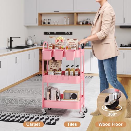 3 Tier Metal Rolling Cart with Lockable Wheels, Three Tiered Storage Carts - color: Fashion Pink, size: 3 tier