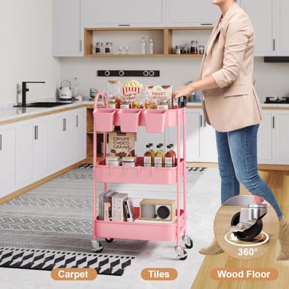 3 Tier Metal Rolling Cart with Lockable Wheels, Three Tiered Storage Carts - color: Fashion Pink, size: 3 tier