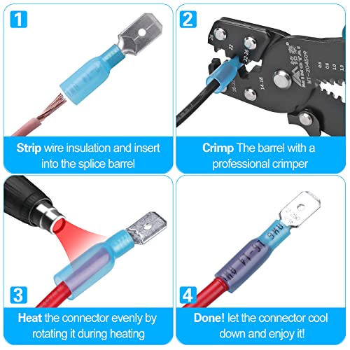 100 PCS 16-14 AWG Waterproof Heat Shrink Quick Disconnect Connectors, Crimp Electrical Wire Male Spade Connectors Insulated Disconnect for Marine Automotive Motorcycle Home Wiring (Blue) - size: [16-14 AWG] Male x 100