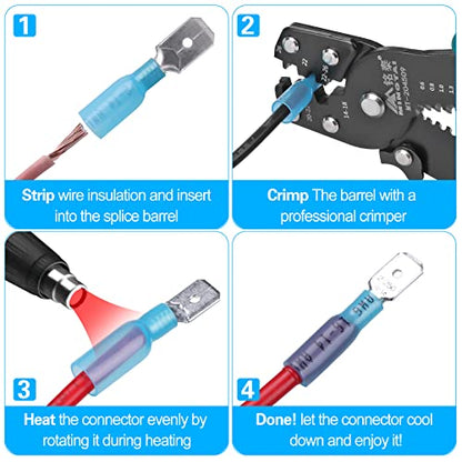 100 PCS 16-14 AWG Waterproof Heat Shrink Quick Disconnect Connectors, Crimp Electrical Wire Male Spade Connectors Insulated Disconnect for Marine Automotive Motorcycle Home Wiring (Blue) - size: [16-14 AWG] Male x 100