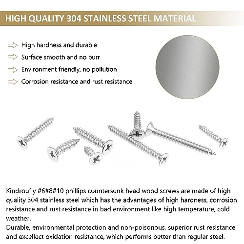 327 Pieces #6#8#10 Phillips Countersunk Head Self-Tapping Screws, Wood Screws Assortment Kit, 304 Stainless Steel - size: #6#8#10