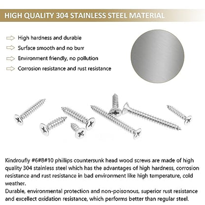 327 Pieces #6#8#10 Phillips Countersunk Head Self-Tapping Screws, Wood Screws Assortment Kit, 304 Stainless Steel - size: #6#8#10