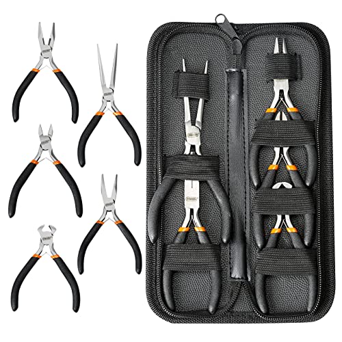 SOONAN 5 Pieces Mini Pliers, Long Lasting Tool Set Cable Cutters – Long Needle Nose, Long Nose, Nipper Bent Nose, End Cutting, Diagonal Cutting, Precision Pliers Set - color: 5 Pieces， Black