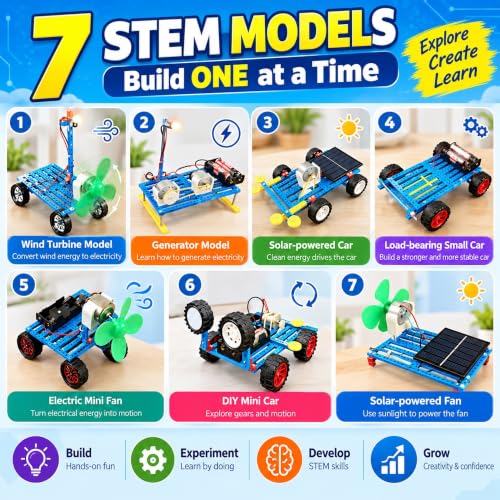 STEM Kit for Kids Ages 8-14, Build 7 Models, Solar & Motor Science Kit