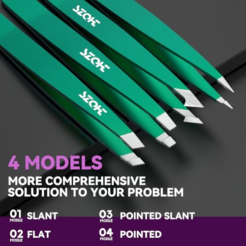 4-Piece Precision Tweezers Set - Stainless Steel Slant, Pointed, Flat & Angled Tips forEyebrow Shaping, Facial & Ingrown Hair Removal - Eco-Friendly Gift Packaging - Women& Men - color: Green