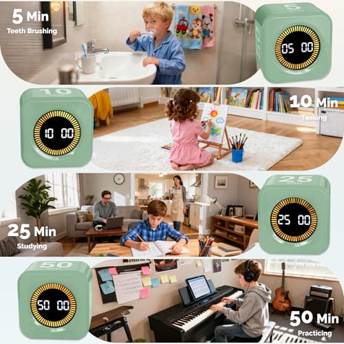 KADAMS Pomodoro Timer – Visual Timer Cube, LED Countdown Ring & Count Up Mode, Silent Flip Productivity Timer for Study, Classroom, Office, Cooking (Green 5-10-25-50 min) - color: Green 5-10-25-50 Min