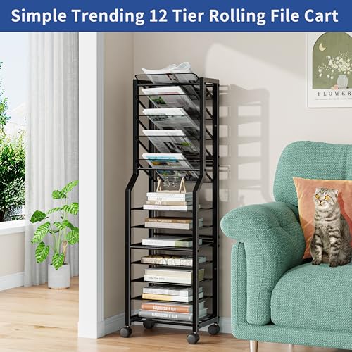 Simple Trending 12 Tier Rolling File Cart, Desk File Organizer with Sliding Trays and Metal Mesh Paper Letter Storage Multi Functional Rolling Clutter Cart for Office, Home, School, Black - style: 12 Tier-Black