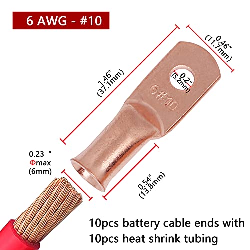 TKDMR 10 PCS 6 AWG - #10 Battery Cable Lugs Copper Wire Ring Terminals - size: 6 Awg - #10 (M5) Ring