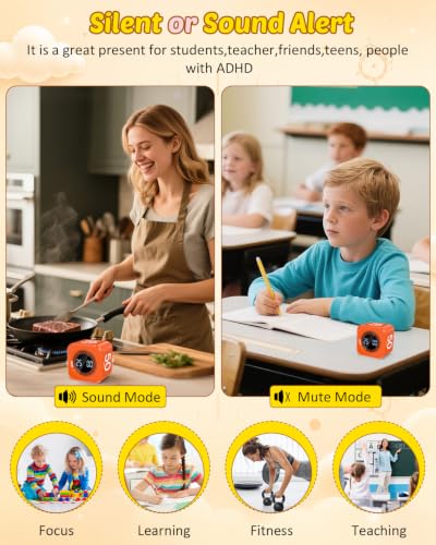 Digital Pomodoro Timer Cube 5/10/25/50min Preset, Silent & Sound Alarm - color: Orange
