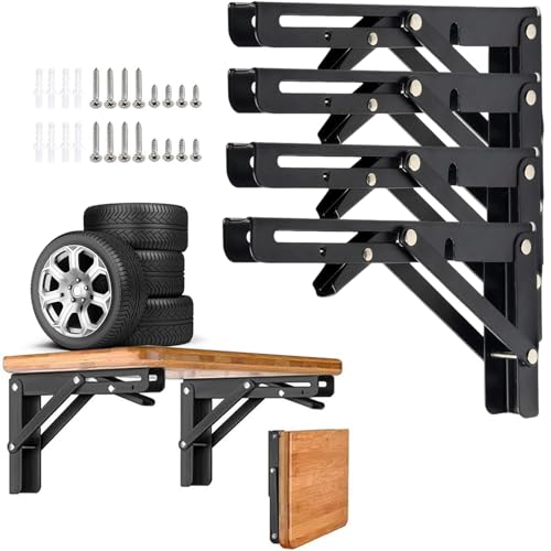 16 Inch Black Folding Shelf Brackets, 4 Pack Foldable Shelf Supports - size: Black - 16 in (4Pcs)