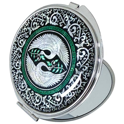 Portable Makeup Compact Double Magnifying Mirror Cosmestic Foldable Pocket Style Unique Mother of Pearl Design (Crane) - color: Crane